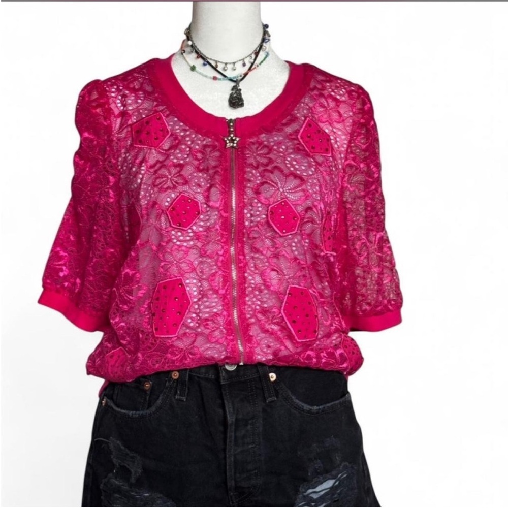 Hot Pink Y2K McBling Japanese Lace Zip-Front T-Shirt Cardigan
